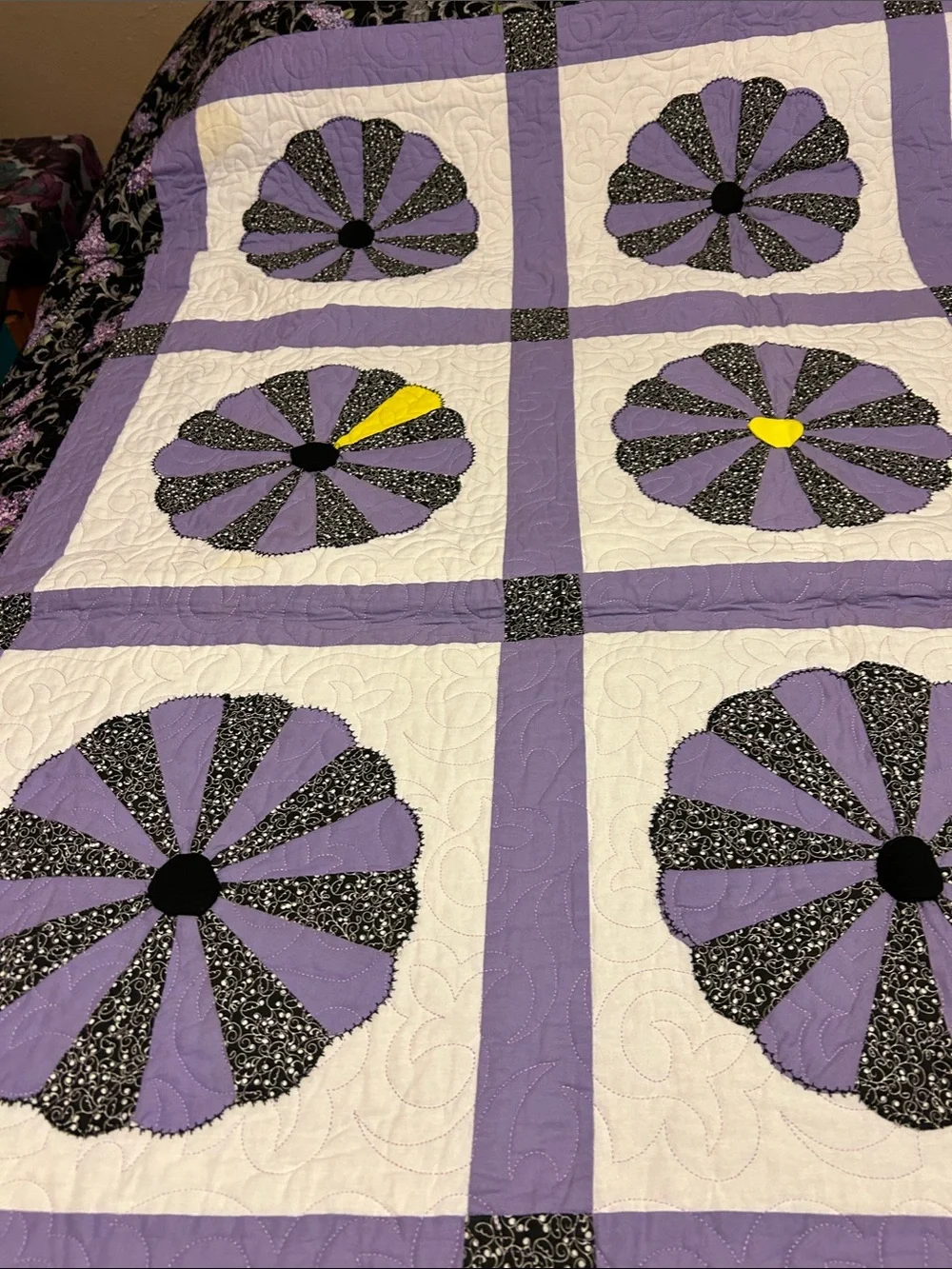 ONE OF A KIND- HANDCRAFTED Floral Quilt in Black, Lavender and Random Yellow